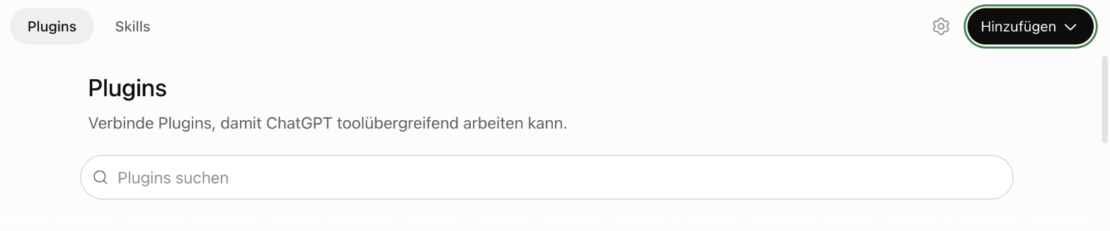 Der obere Teil von ChatGPTs Plugins-Seite, mit „Hinzufügen“ markiert.
