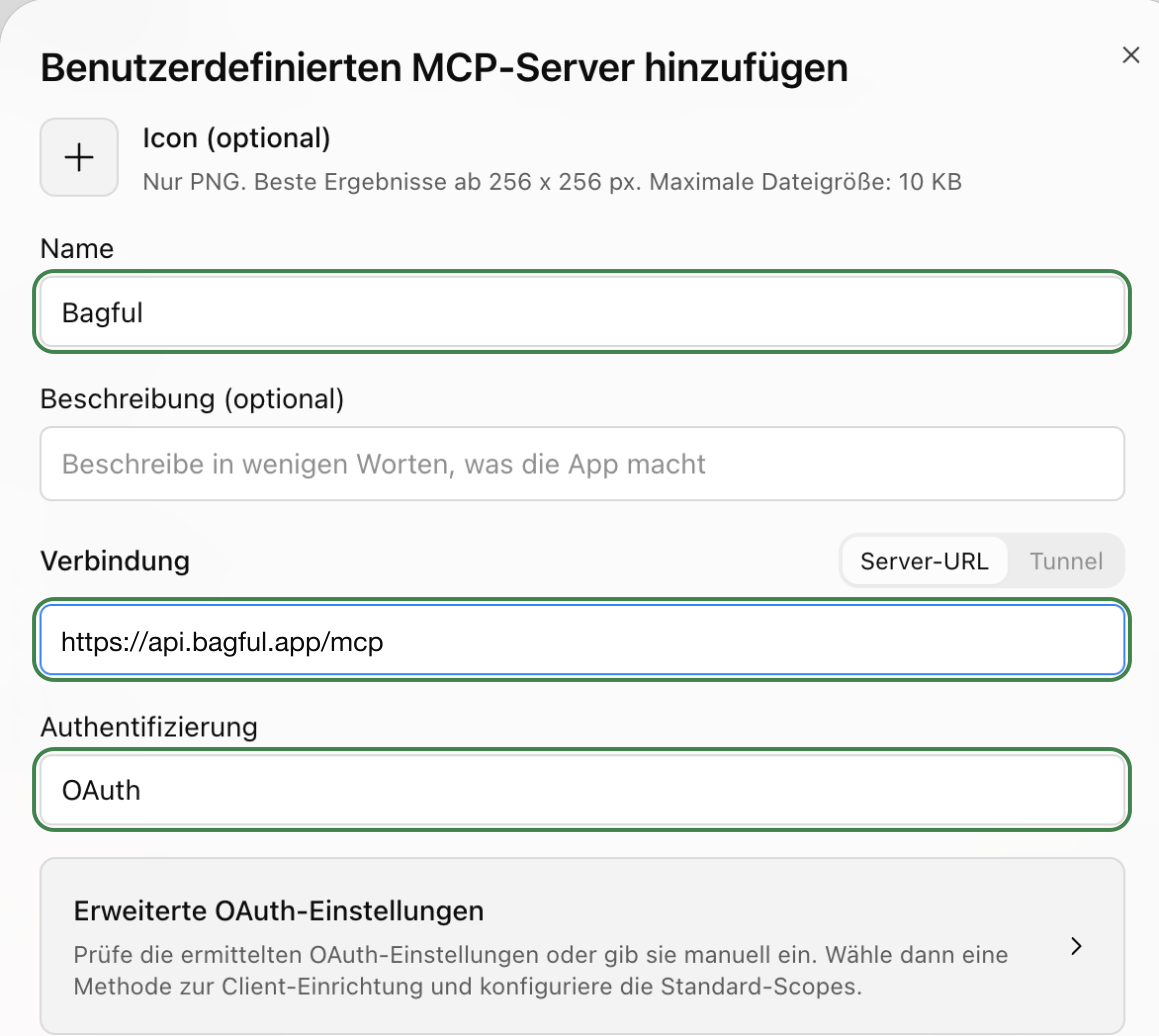 Das Formular „Benutzerdefinierten MCP-Server hinzufügen“ mit Bagful als Name, der Bagful-Adresse und OAuth, jeweils markiert.