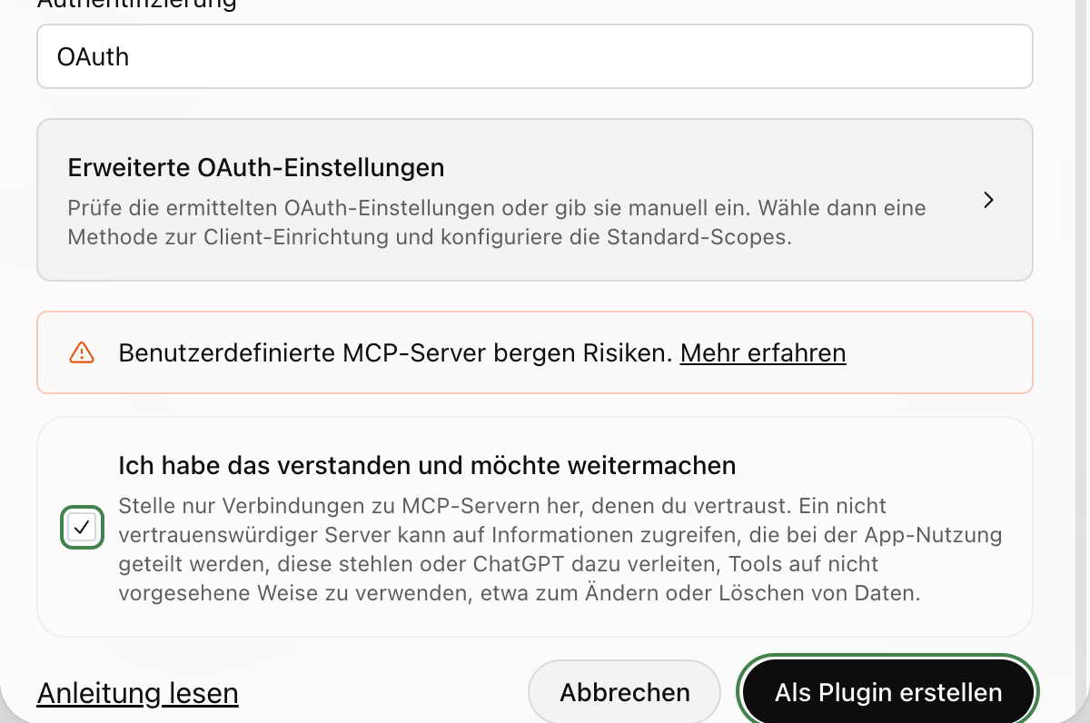 Die Warnung abgehakt, mit dem Haken und „Als Plugin erstellen“ markiert.