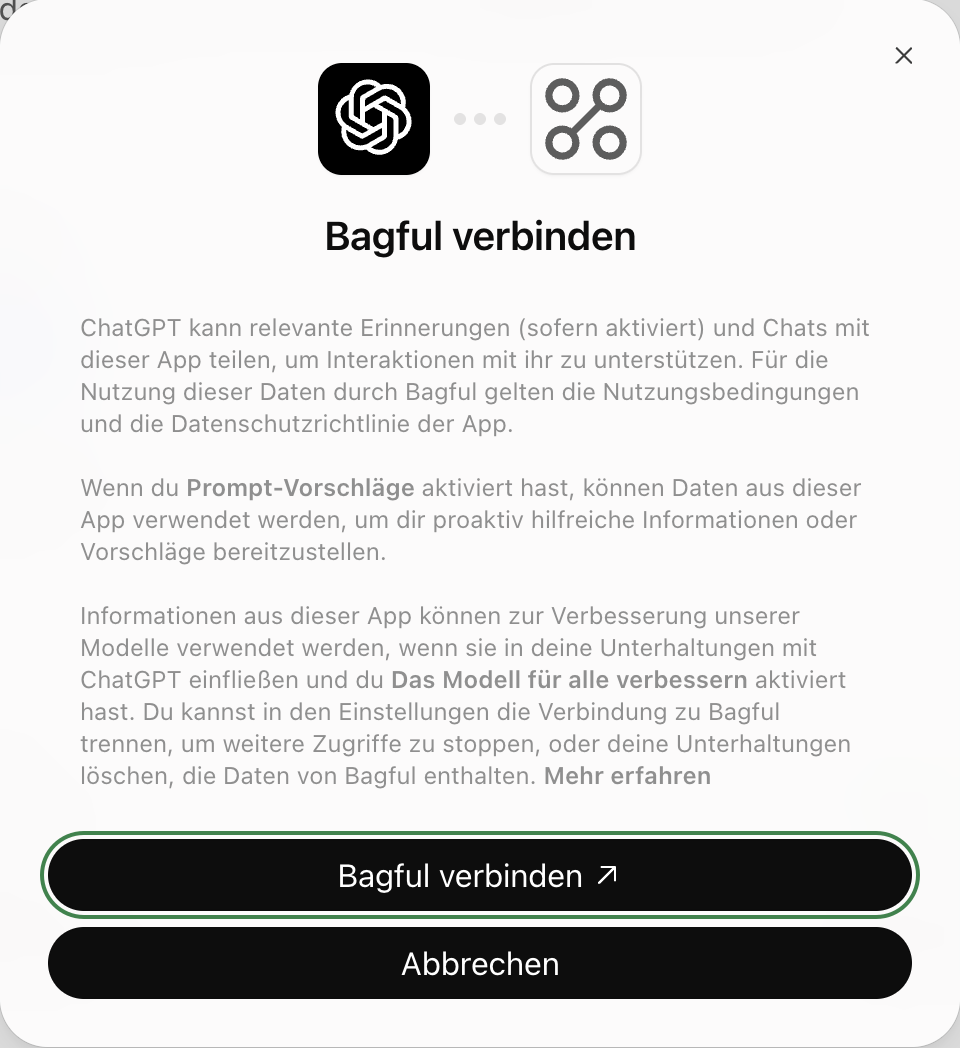 ChatGPTs Dialog „Bagful verbinden“, mit „Bagful verbinden“ markiert.
