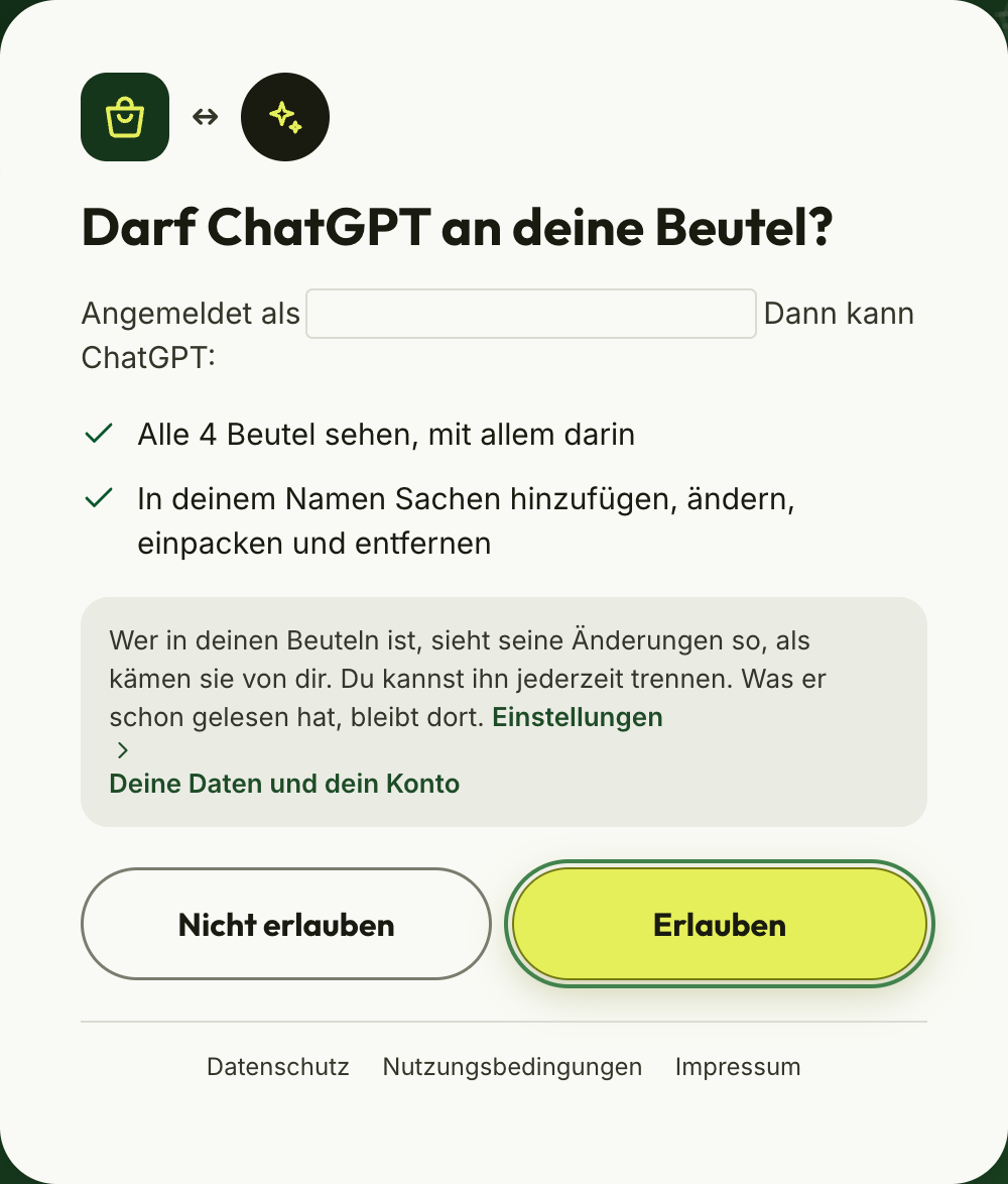 Bagful fragt „Darf ChatGPT an deine Beutel?“, mit „Erlauben“ markiert.
