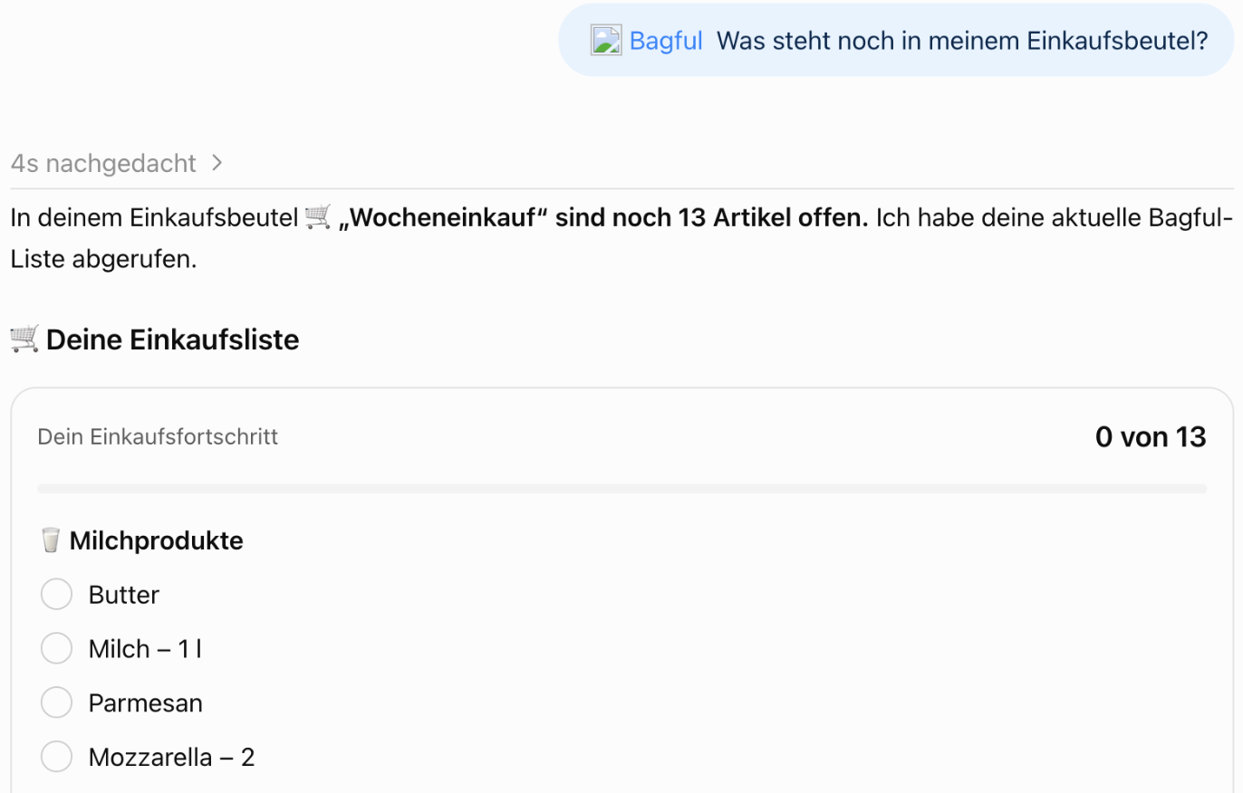 ChatGPT beantwortet „@Bagful Was steht noch in meinem Einkaufsbeutel?“ mit dem Beutel und seinen Sachen.