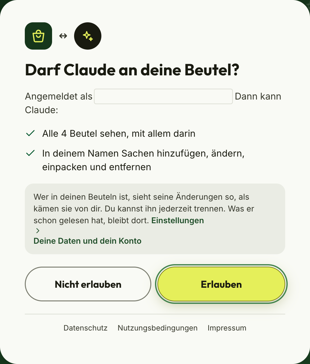 Bagful fragt „Darf Claude an deine Beutel?“, mit „Erlauben“ markiert.