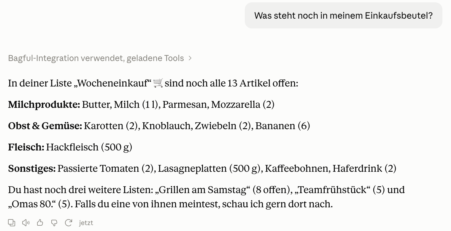 Claude beantwortet „Was steht noch in meinem Einkaufsbeutel?“ mit dem, was noch im Beutel ist.