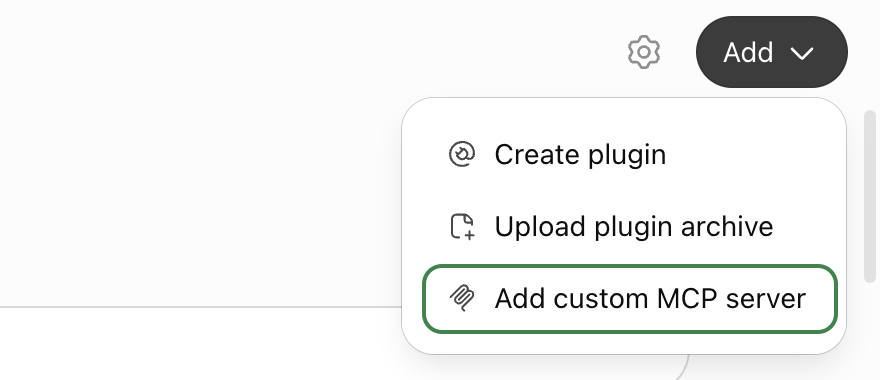 The “Add” menu, with “Add custom MCP server” ringed.