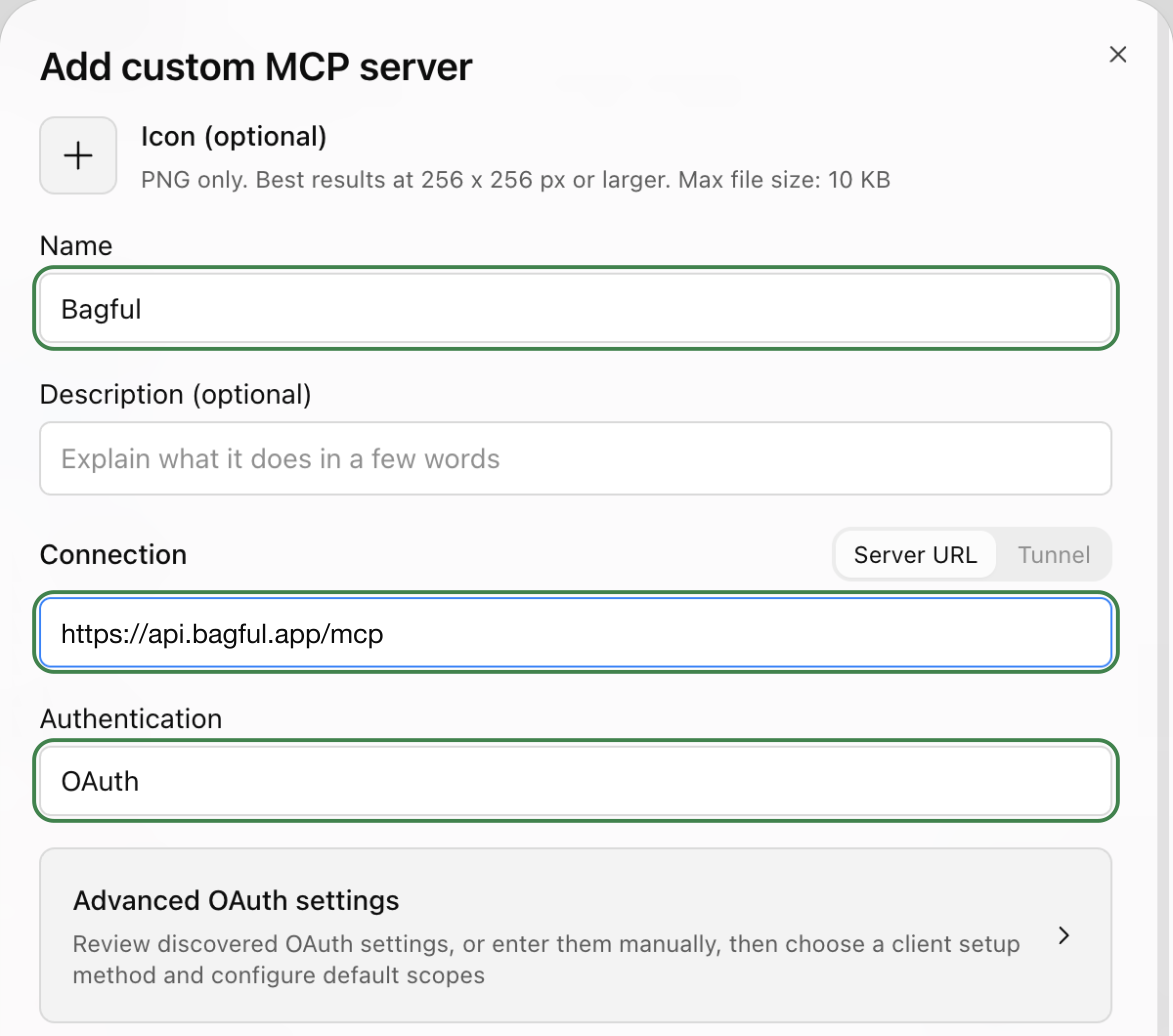 The “Add custom MCP server” form with Bagful as the name, the Bagful address and OAuth, each ringed.