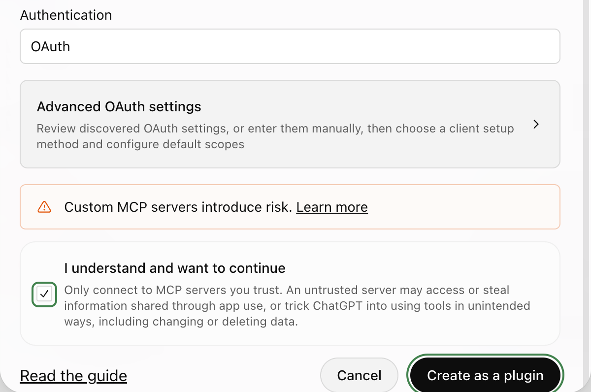 The warning ticked, with the tick and “Create as a plugin” ringed.
