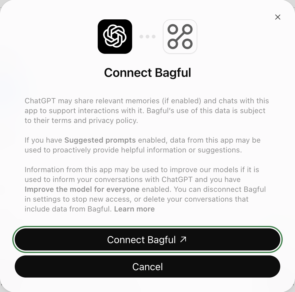 ChatGPT’s “Connect Bagful” dialog, with “Connect Bagful” ringed.