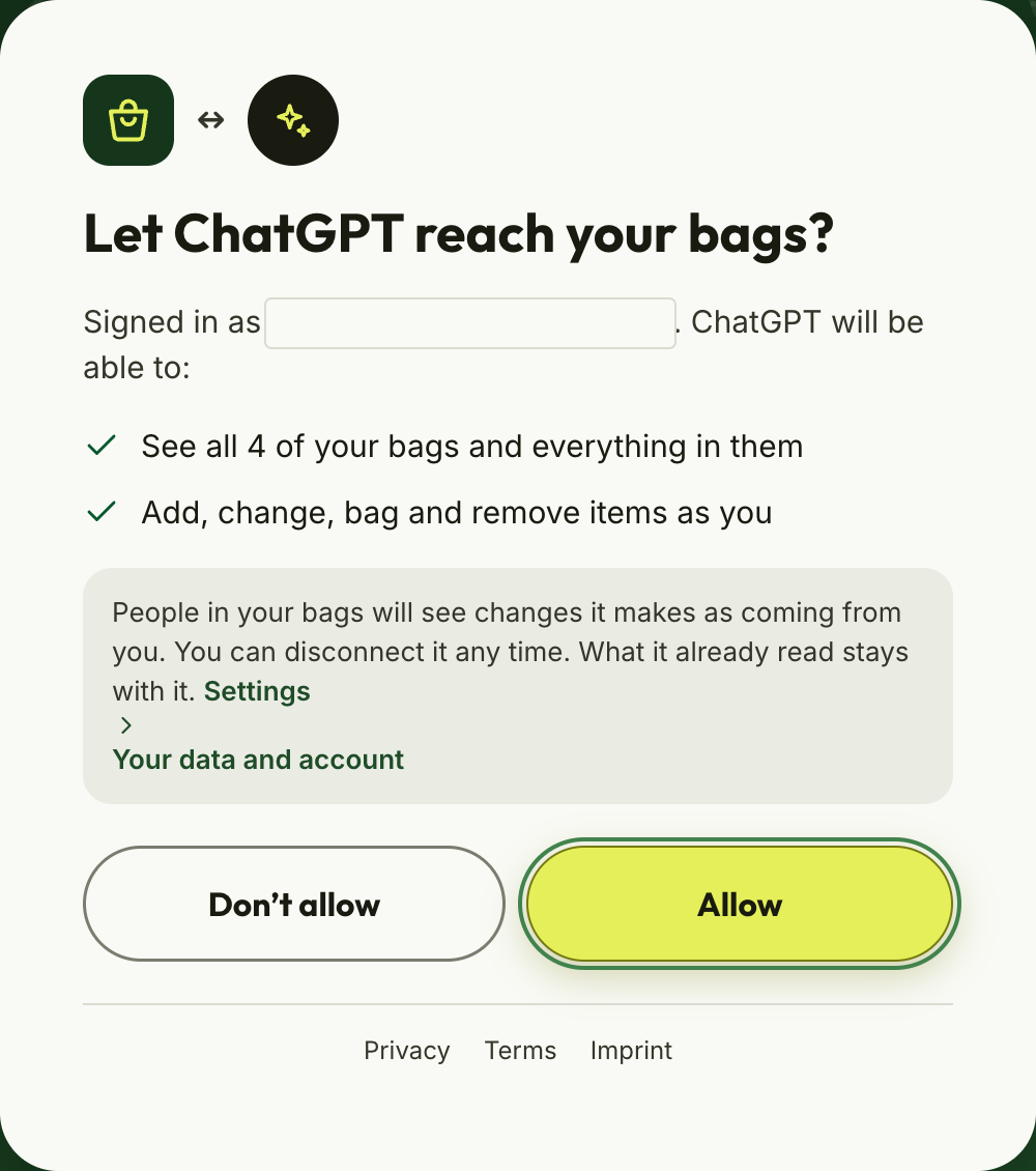 Bagful asking “Let ChatGPT reach your bags?”, with “Allow” ringed.