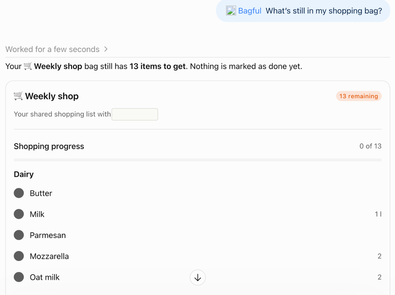 ChatGPT answering “@Bagful What’s still in my shopping bag?” with the bag and its items.