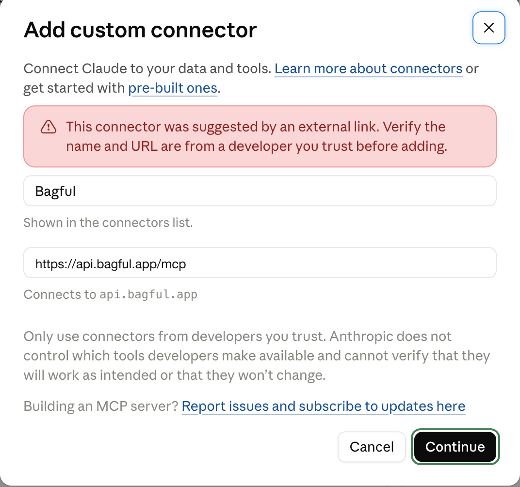 Claude’s “Add custom connector” dialog with Bagful’s name and address filled in, its note that a link suggested them, and “Continue” ringed.