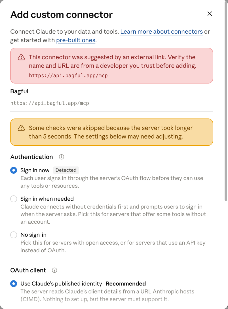 Claude’s sign-in settings for Bagful, with “Sign in now” chosen.