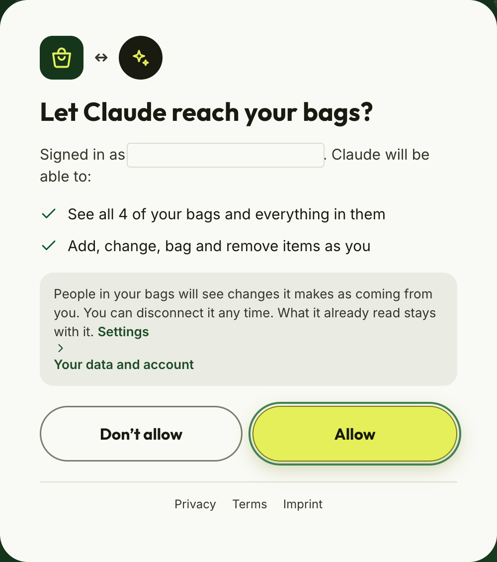 Bagful asking “Let Claude reach your bags?”, with “Allow” ringed.